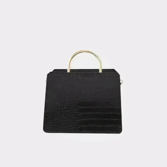 Elegant Black Croc-Embossed Handbag with Gold Accents - Picture 2 of 11